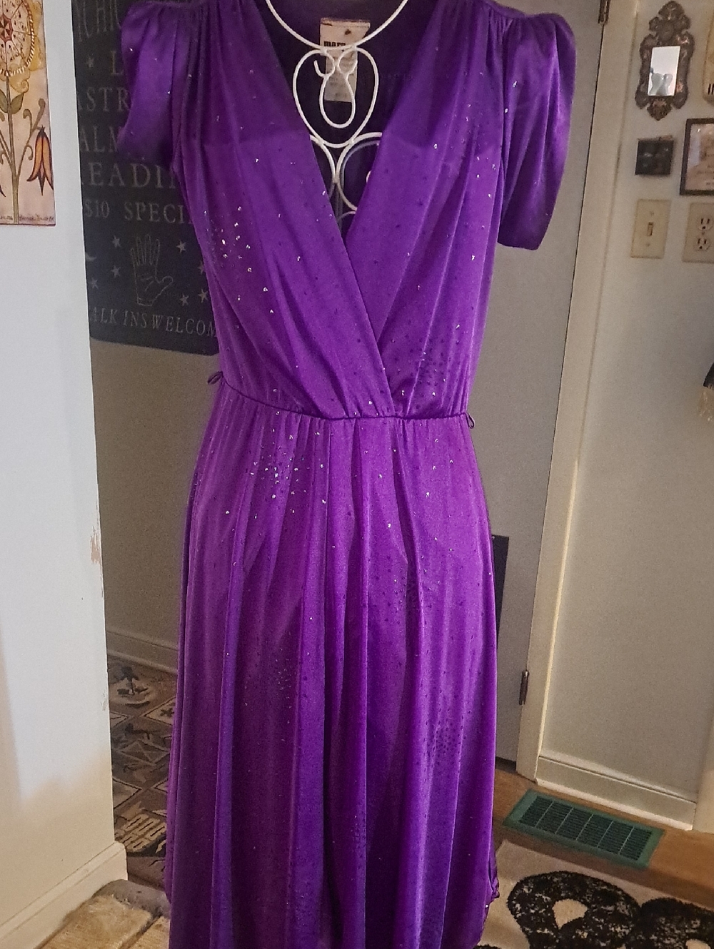 Vintage 70s Glittery Purple Wrap-Front Women's Dress, L